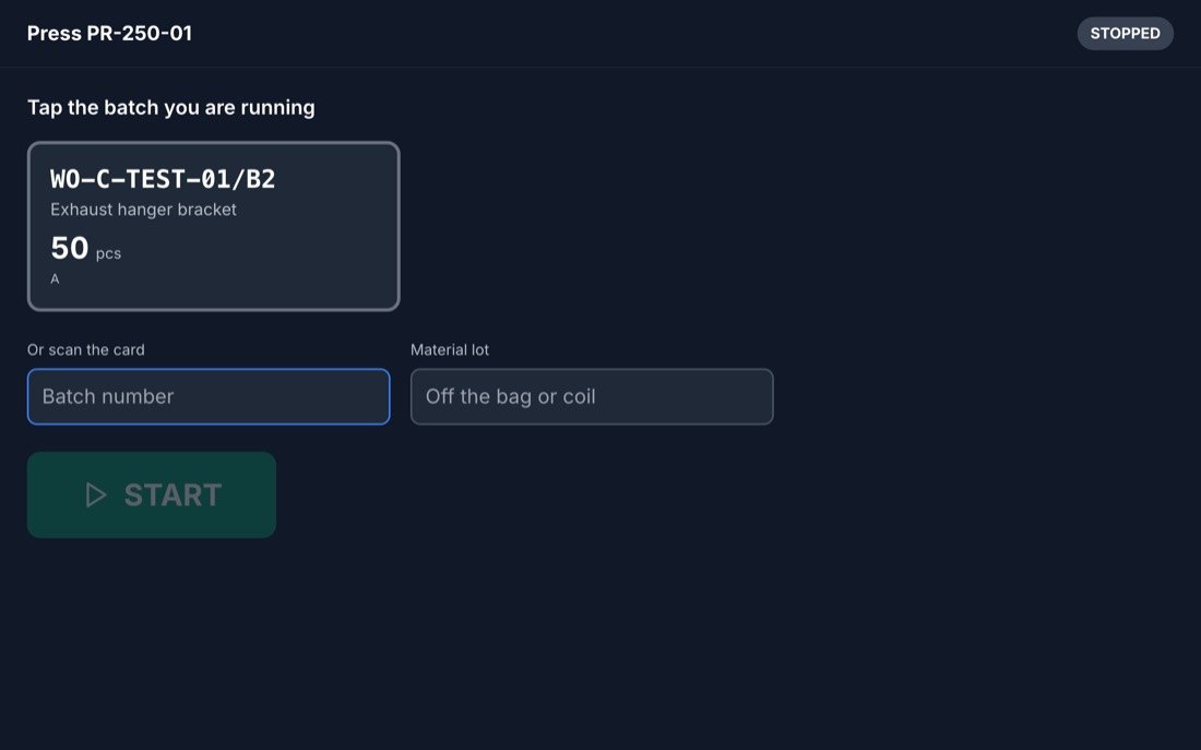 Machine panel with large Start and Stop buttons and picture-based stop reasons