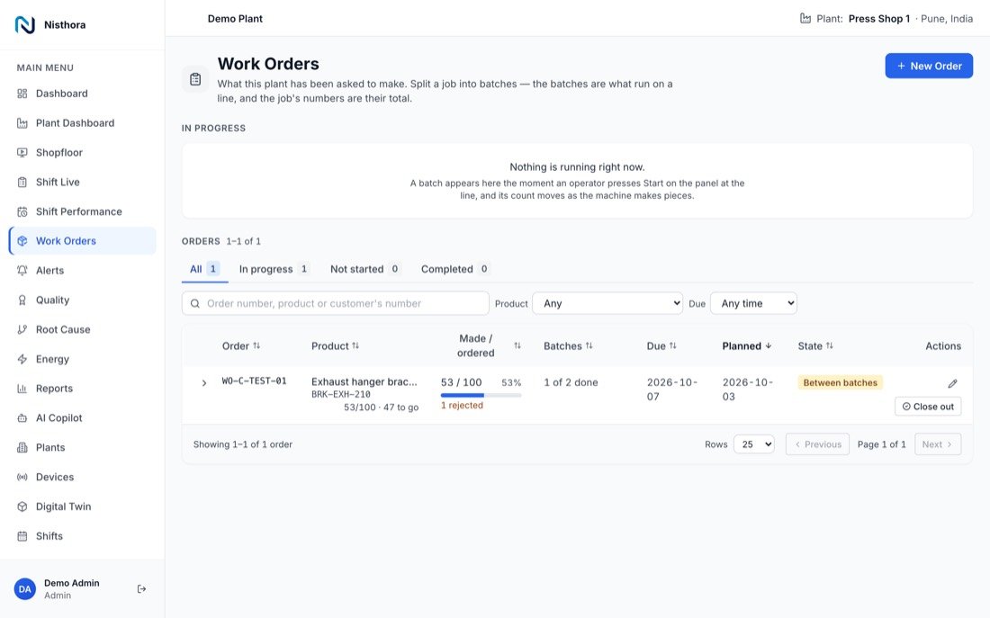 Work orders page listing jobs, products and batch progress